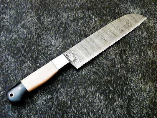 11" Custom Hand Forged Damascus Steel Chef Knife Kitchen Knife with Camel Bone & Bull Horn Handle