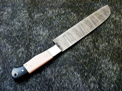 11" Custom Hand Forged Damascus Steel Chef Knife Kitchen Knife with Camel Bone & Bull Horn Handle