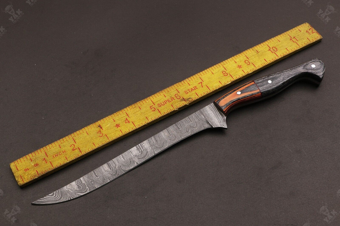 12" Custom Hand Forged Damascus Fillet Knife Damascus Steel Fillet Knife With Leather Sheath