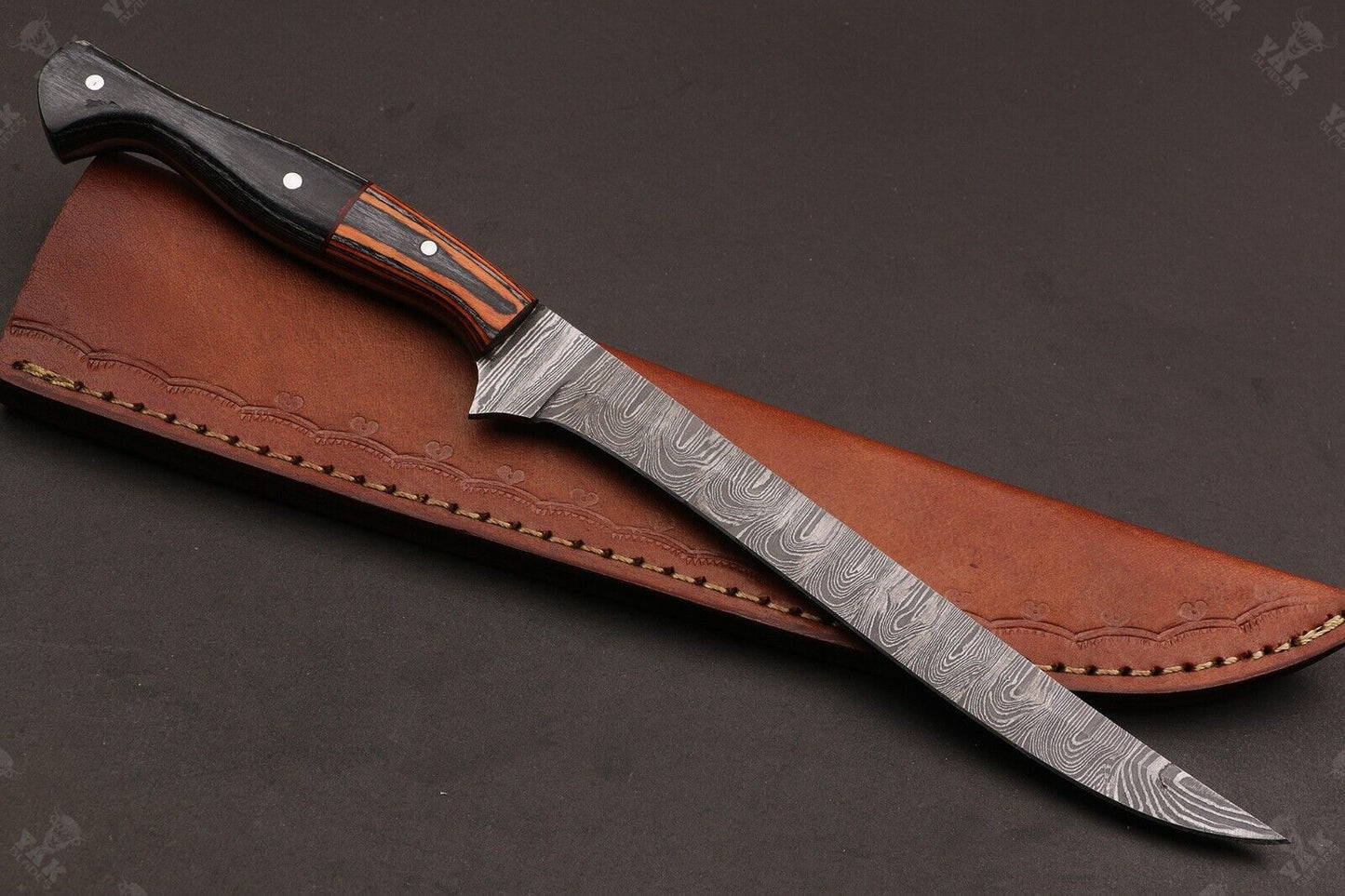 12" Custom Hand Forged Damascus Fillet Knife Damascus Steel Fillet Knife With Leather Sheath