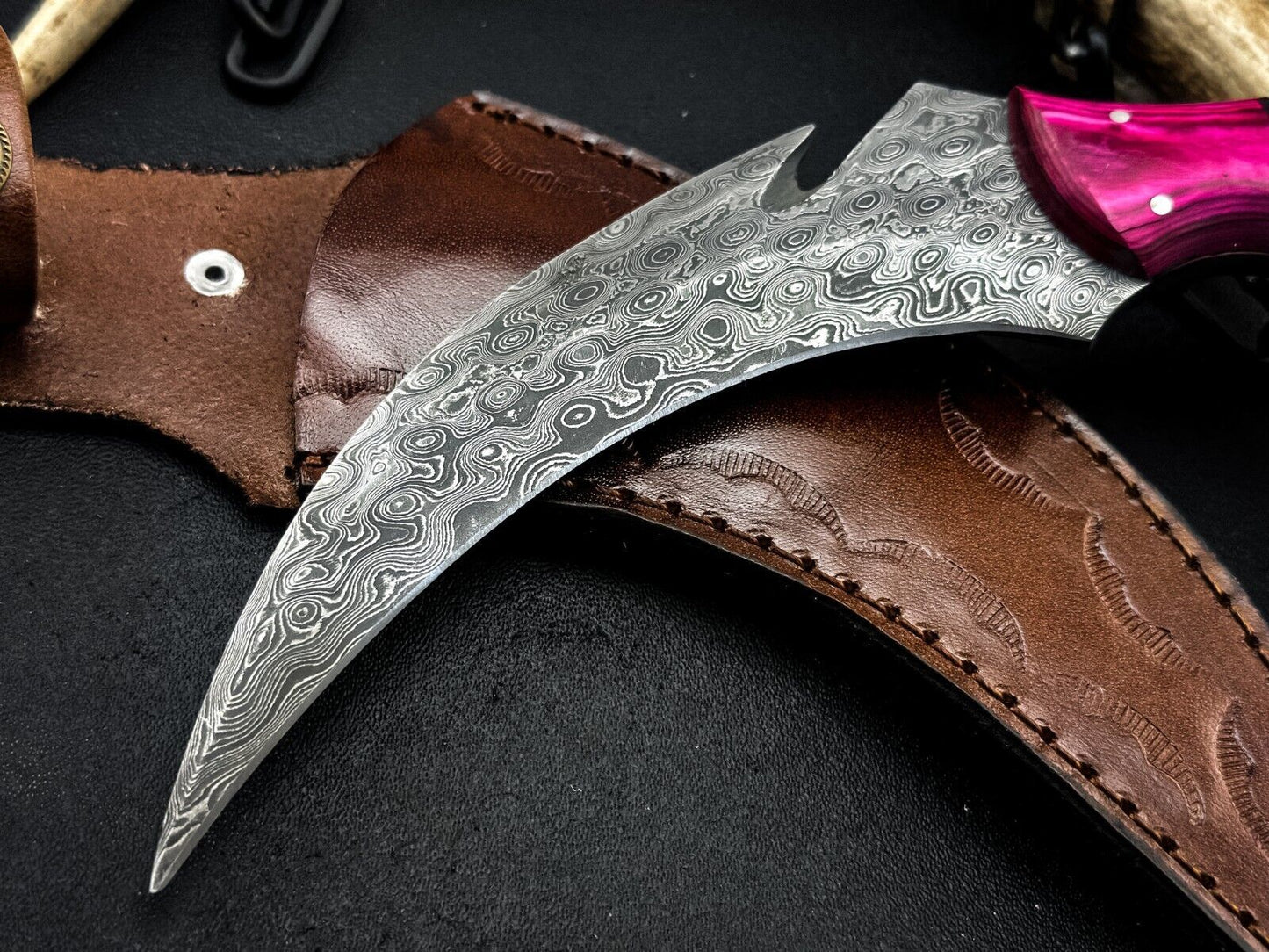 8” Damascus Karambit Damascus Steel Karambit Knife with Bone Handle and Wood Handle