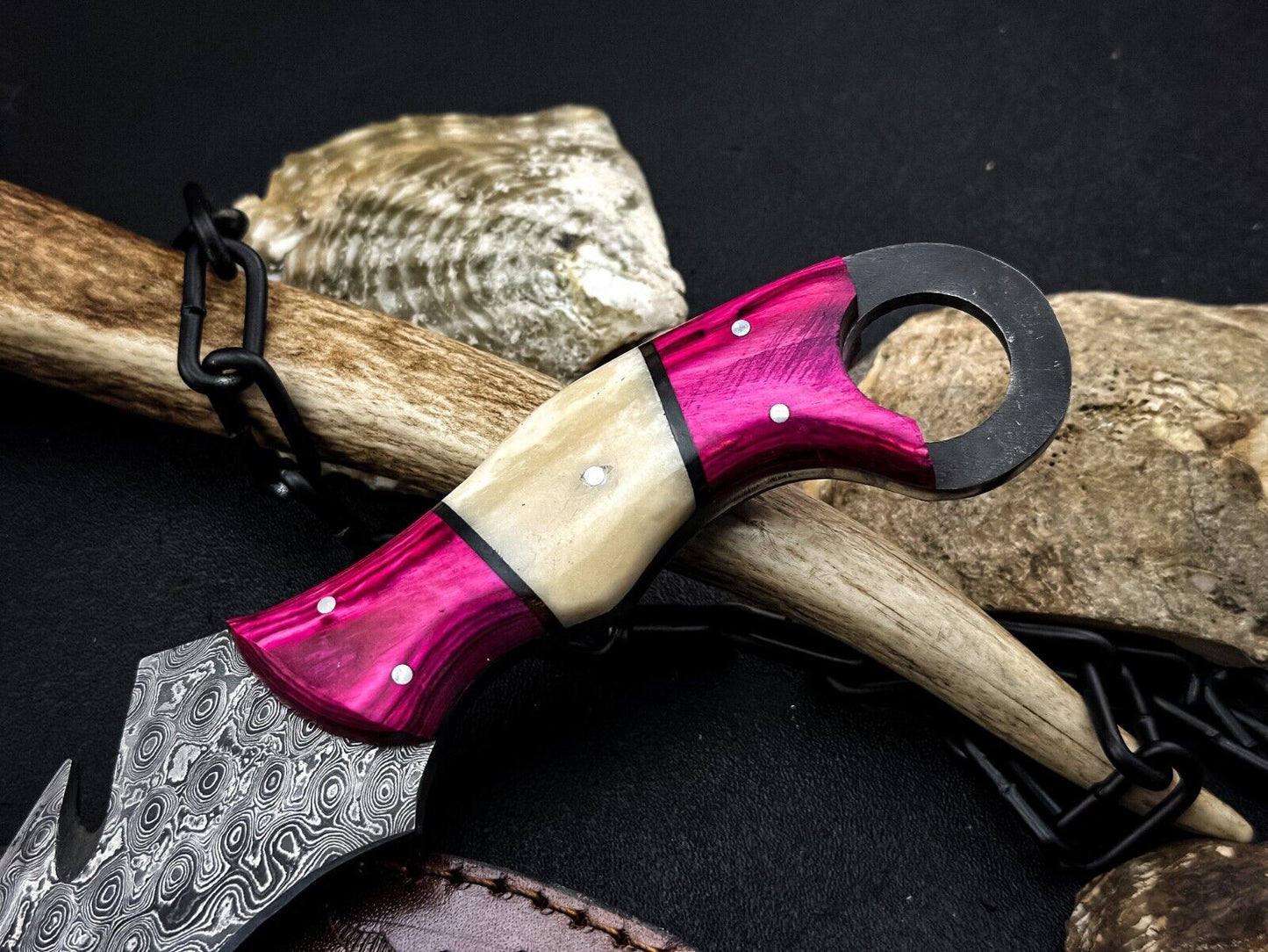 8” Damascus Karambit Damascus Steel Karambit Knife with Bone Handle and Wood Handle