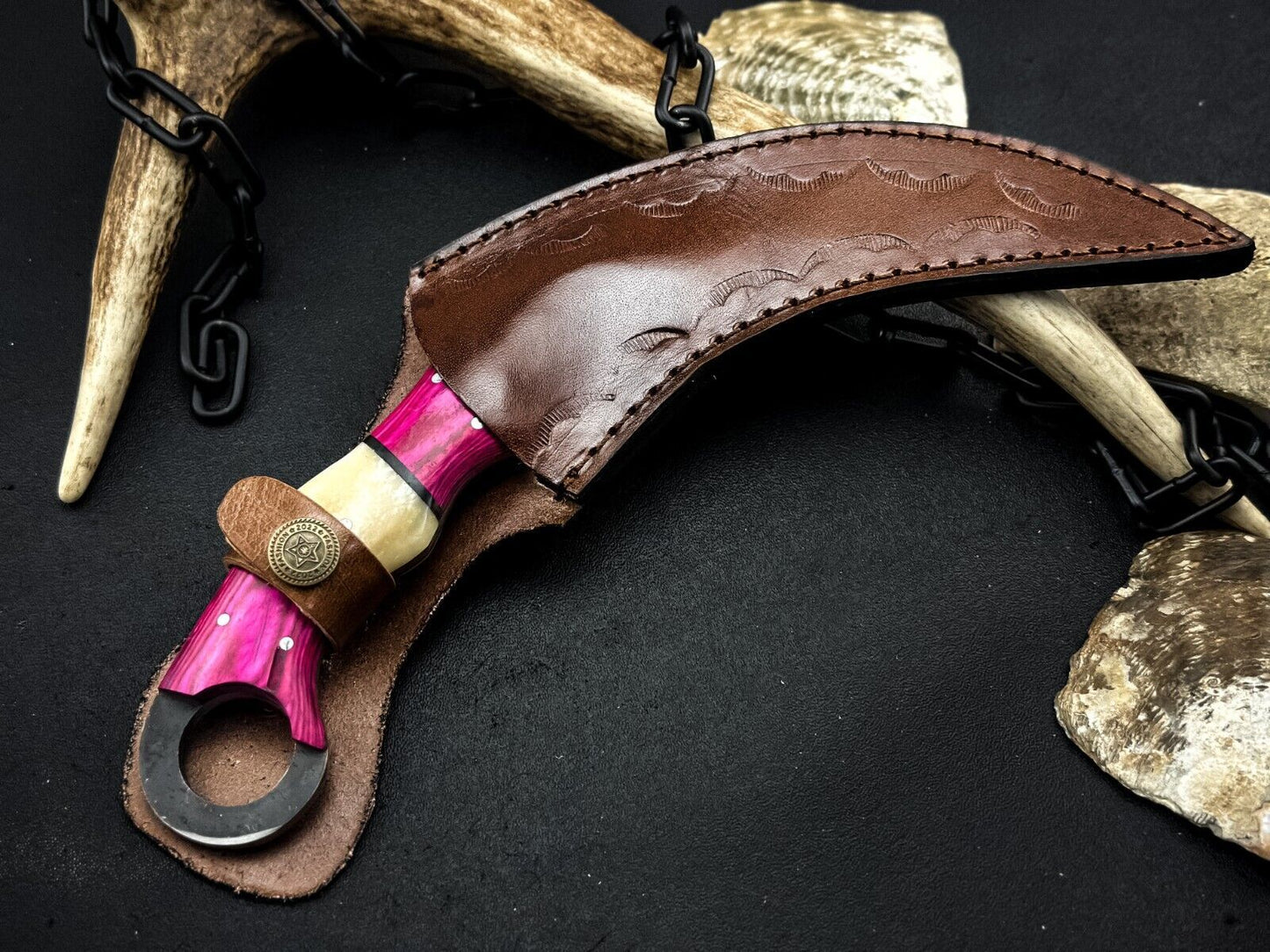 8” Damascus Karambit Damascus Steel Karambit Knife with Bone Handle and Wood Handle