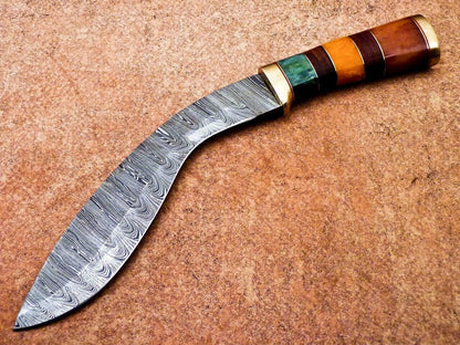 Heritage Forge 14" Damascus Steel Kukri Knife with Camel Bone and Wood Handle