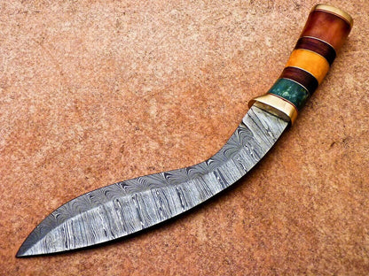 Heritage Forge 14" Damascus Steel Kukri Knife with Camel Bone and Wood Handle