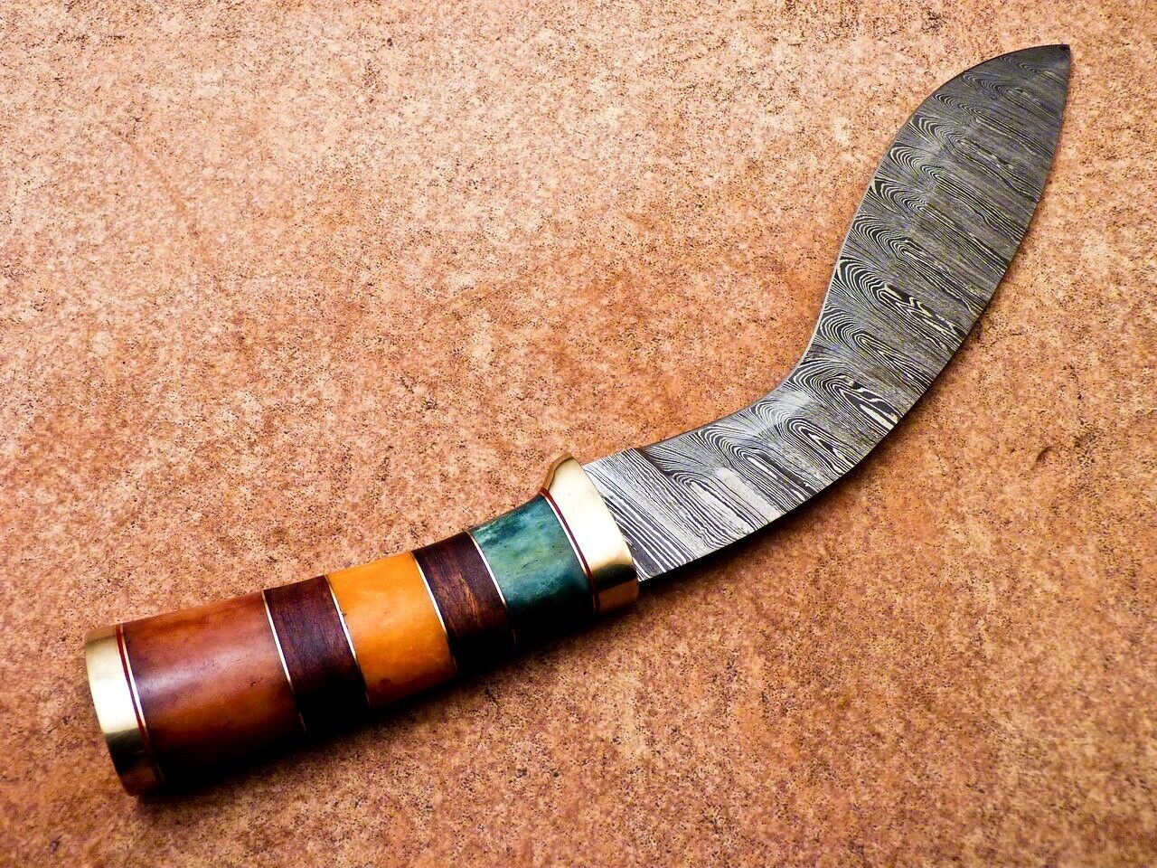 Heritage Forge 14" Damascus Steel Kukri Knife with Camel Bone and Wood Handle