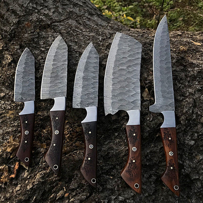 5pcs Custom Handmade Chef Knife Set – Damascus Forged Steel Kitchen Knives – Full Tang Professional Cooking Knife Set