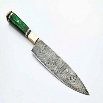 13" Handmade Damascus Steel Kitchen Chef Knife – Oak Wood Handle with Leather Sheath for Cooking, Camping & Hunting