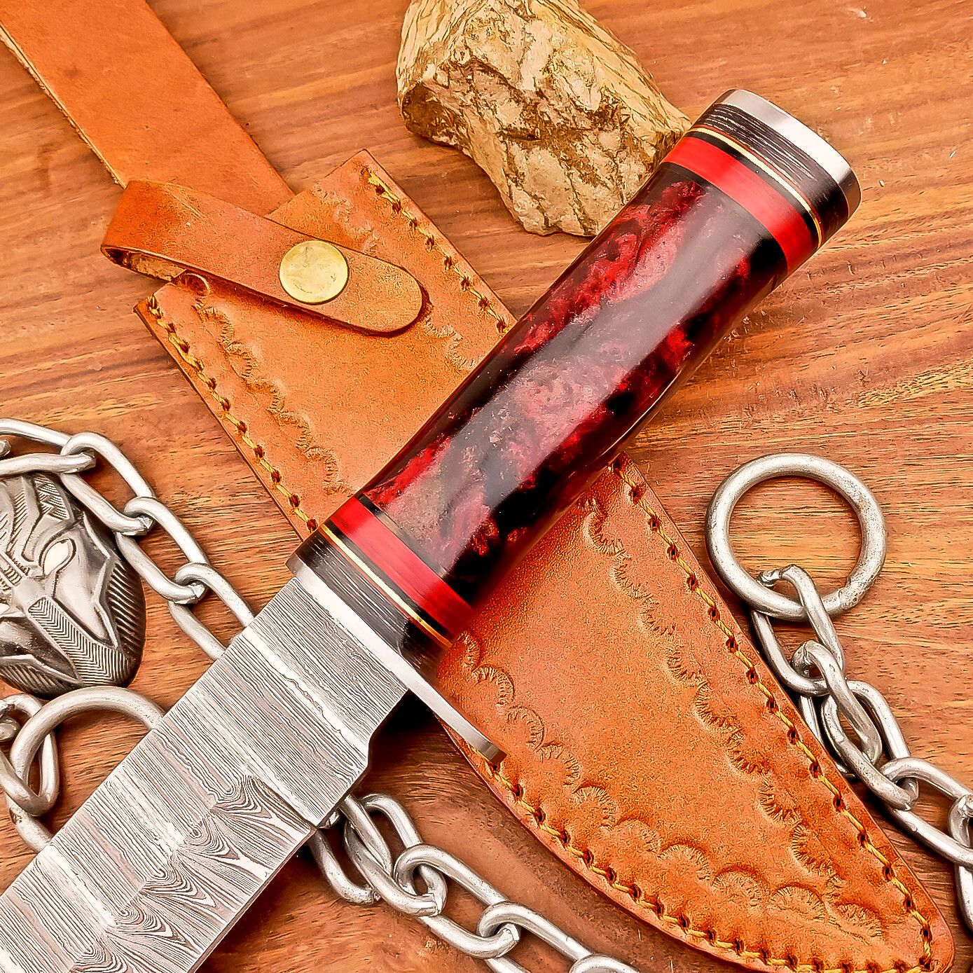 13 Inch Handmade Damascus Steel Bowie Knife with Resin Handle and Leather Sheath