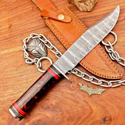 13 Inch Handmade Damascus Steel Bowie Knife with Resin Handle and Leather Sheath