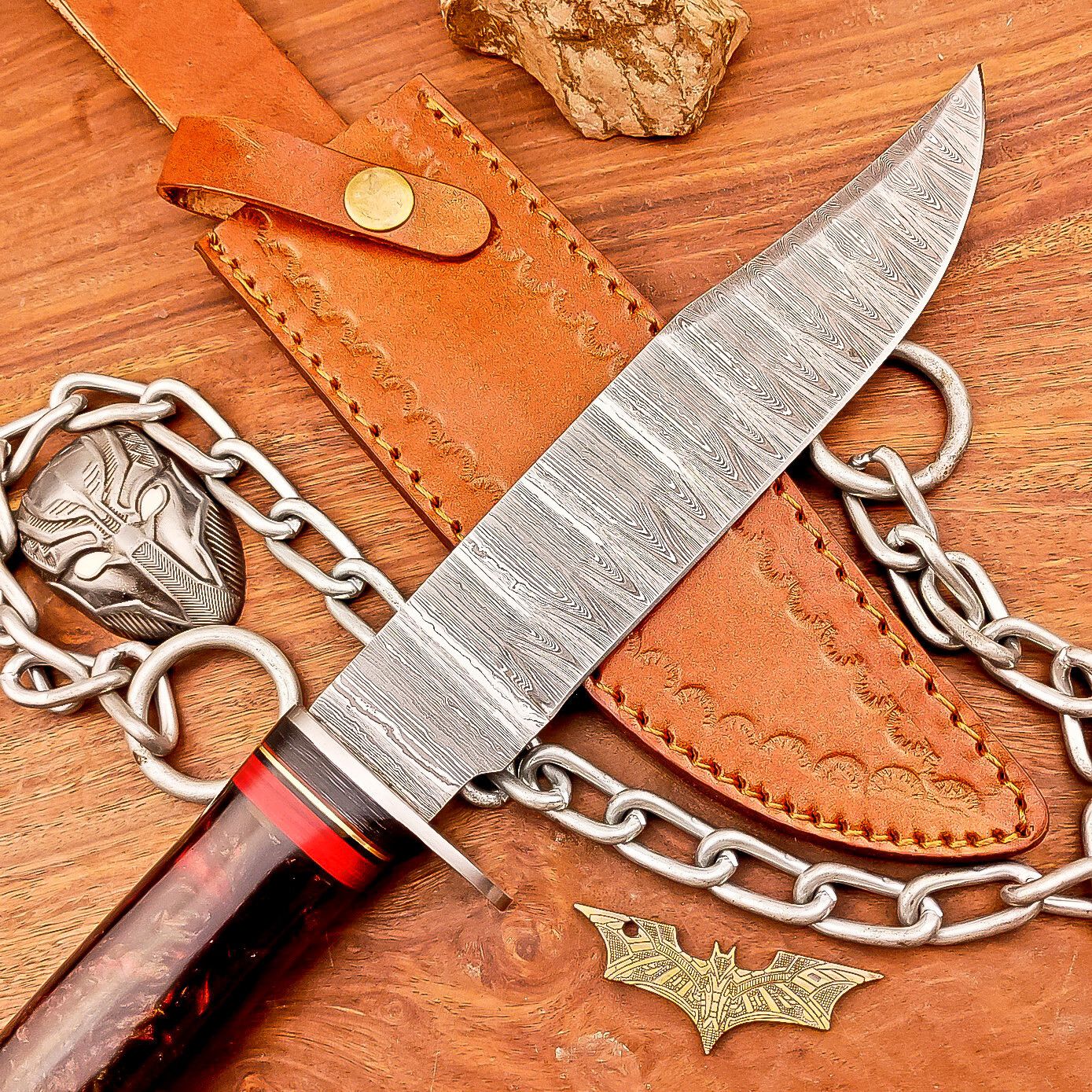 13 Inch Handmade Damascus Steel Bowie Knife with Resin Handle and Leather Sheath