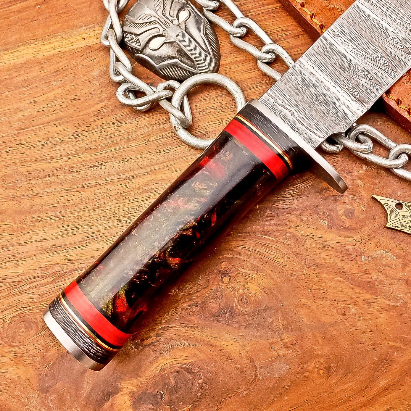 13 Inch Handmade Damascus Steel Bowie Knife with Resin Handle and Leather Sheath