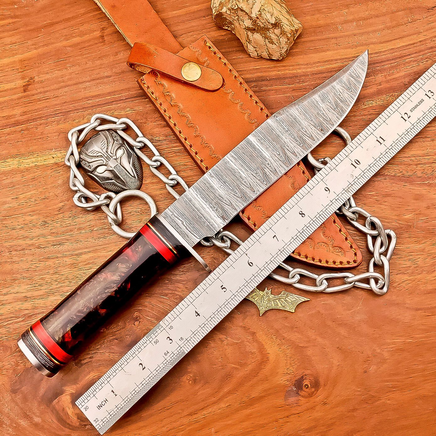 13 Inch Handmade Damascus Steel Bowie Knife with Resin Handle and Leather Sheath