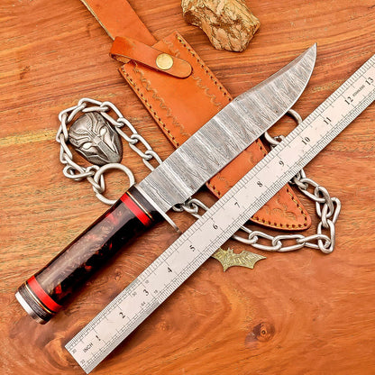 13 Inch Handmade Damascus Steel Bowie Knife with Resin Handle and Leather Sheath