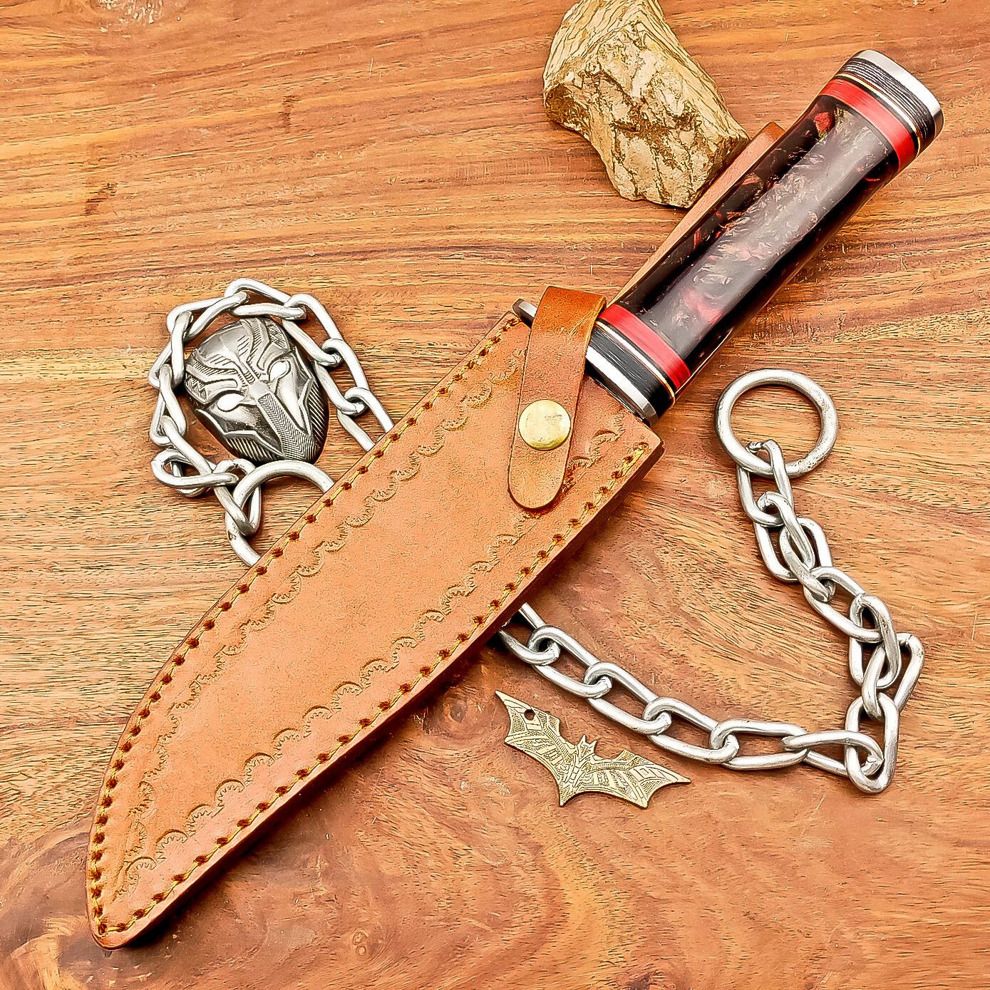 13 Inch Handmade Damascus Steel Bowie Knife with Resin Handle and Leather Sheath