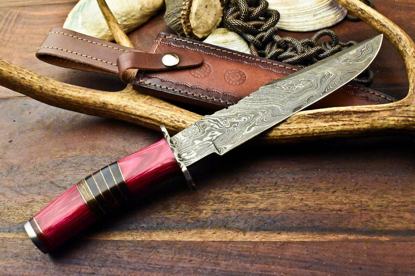 Custom Damascus Steel Bowie Knife – Walnut Wood Handle, 14" Hunting Blade