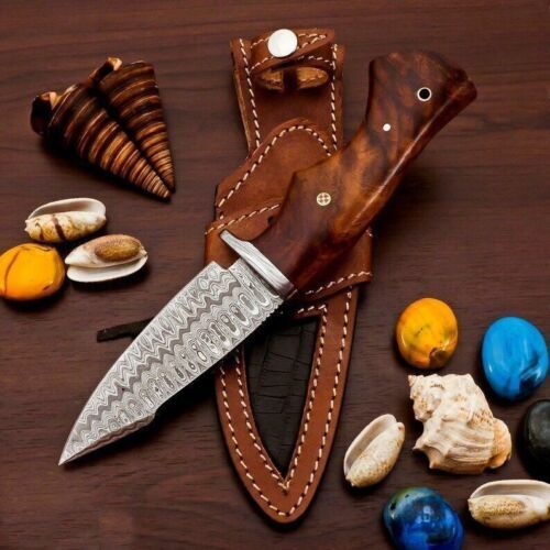 Custom Handmade Damascus Steel Bowie Hunting Knife | Rose Wood Handle | 9" Overall | Leather Sheath