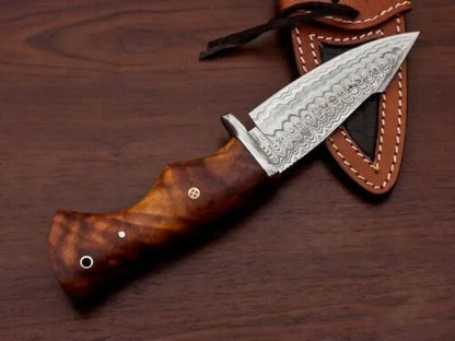Custom Handmade Damascus Steel Bowie Hunting Knife | Rose Wood Handle | 9" Overall | Leather Sheath