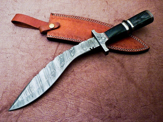 Heritage Forge 15 Inch Handmade Damascus Kukri Knife with Hardwood Handle for Hunting and Camping