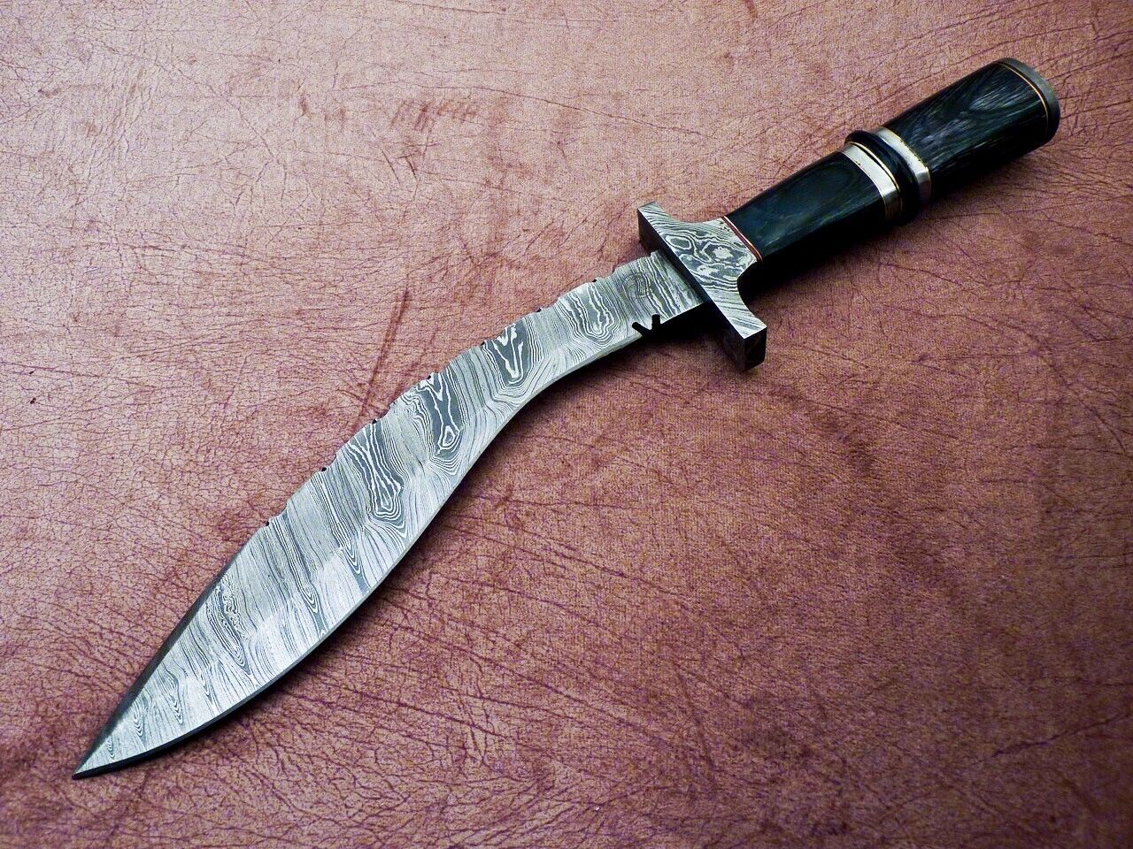 Heritage Forge 15 Inch Handmade Damascus Kukri Knife with Hardwood Handle for Hunting and Camping