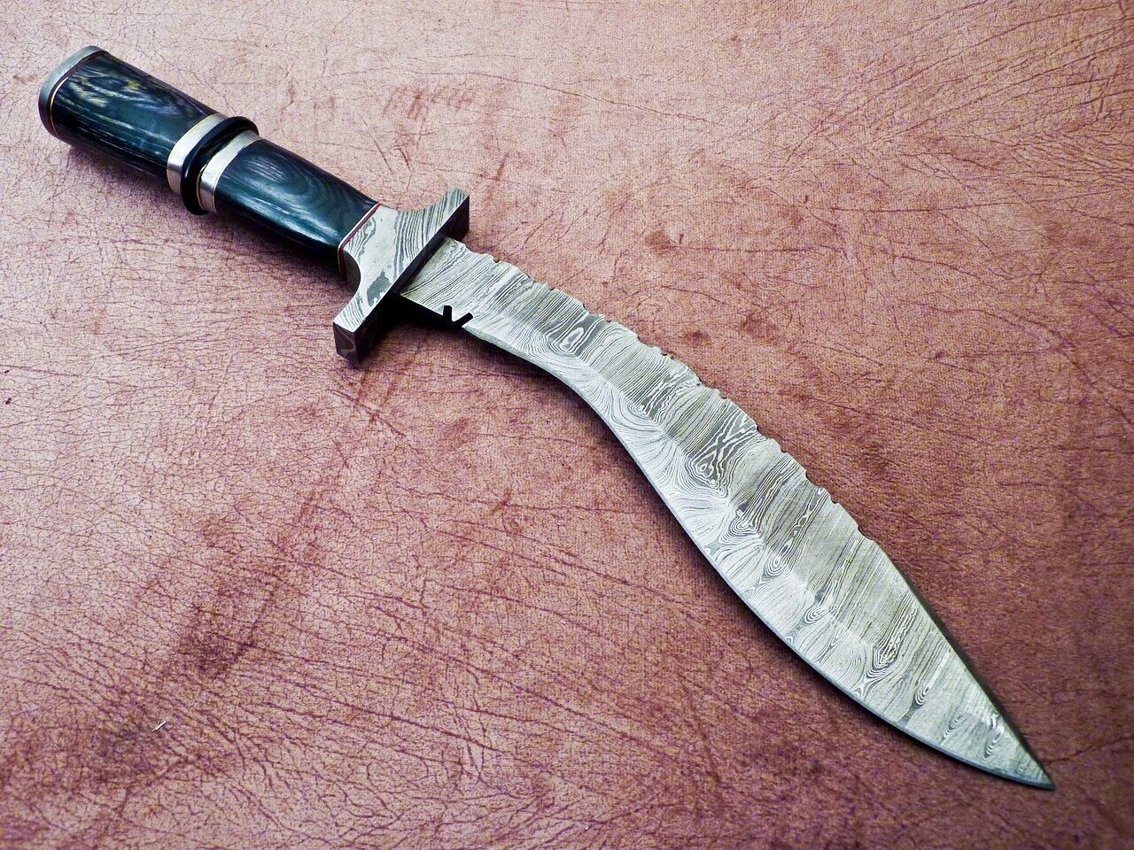 Heritage Forge 15 Inch Handmade Damascus Kukri Knife with Hardwood Handle for Hunting and Camping