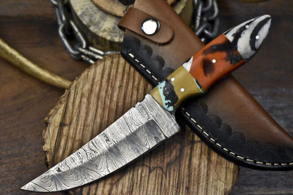 Twist Damascus Skinner Knife with Corian Handle and Micarta Bolster for Survival Use