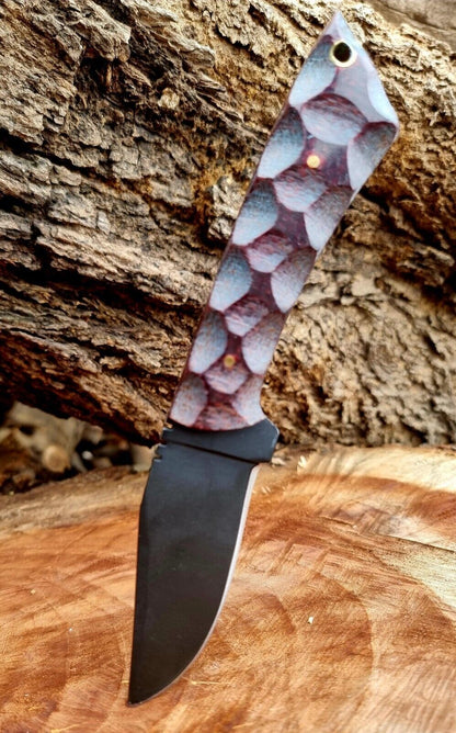 Handmade Skinner Knife – D2 Stainless Steel Drop Point Blade with Red Micarta Handle & Sheath