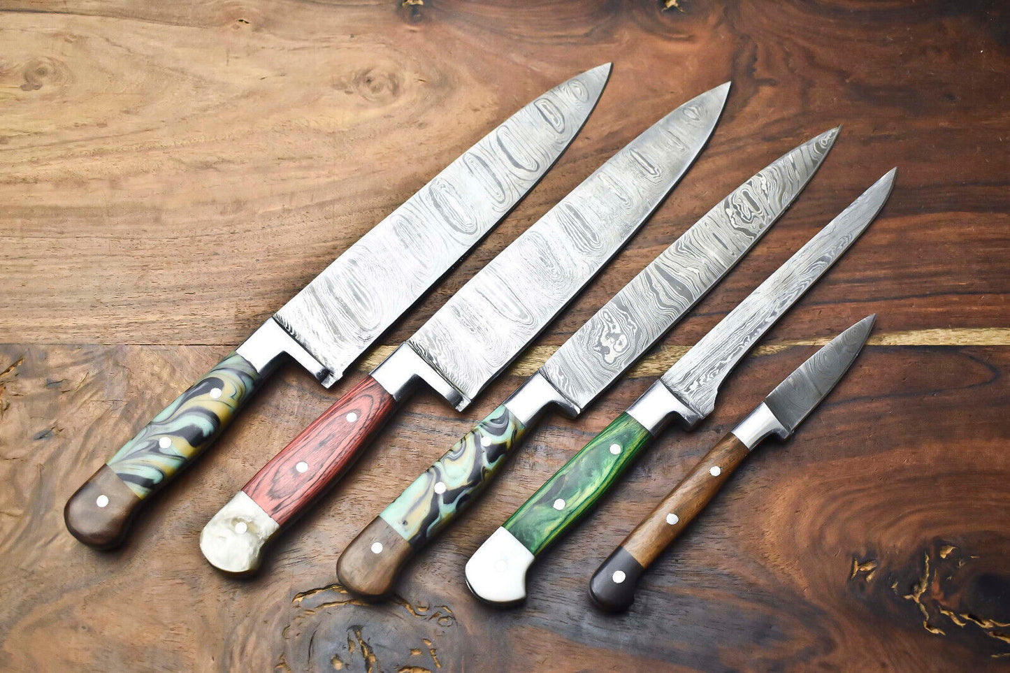 Custom Lot of 5 Handmade Hammered Damascus Steel Chef Knives Set – 384 Layers, Razor Sharp