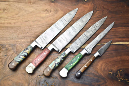 Custom Lot of 5 Handmade Hammered Damascus Steel Chef Knives Set – 384 Layers, Razor Sharp