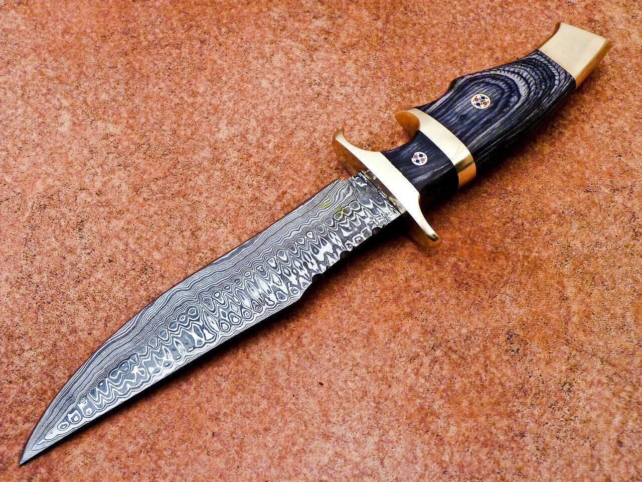 Custom Forged Damascus Steel Handmade Hunting Bowie Knife With Hardwood Handle