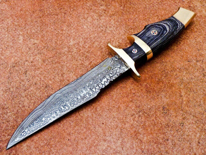 Custom Forged Damascus Steel Handmade Hunting Bowie Knife With Hardwood Handle
