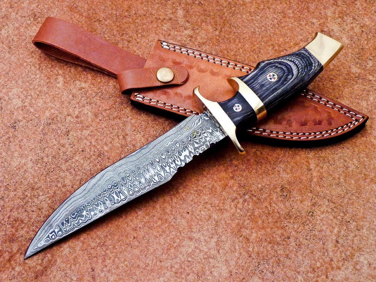 Custom Forged Damascus Steel Handmade Hunting Bowie Knife With Hardwood Handle
