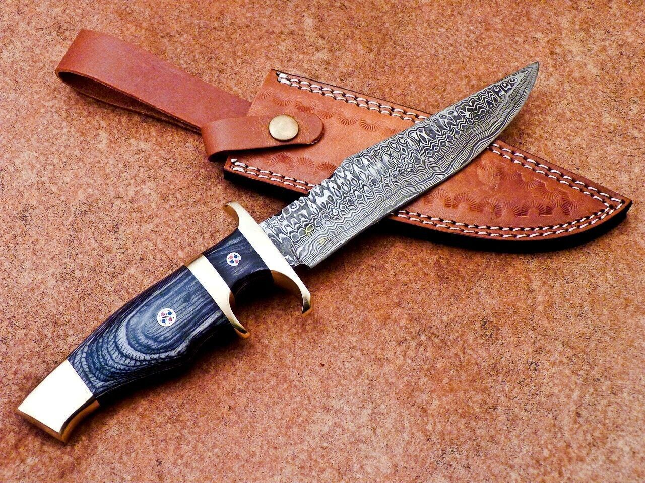 Custom Forged Damascus Steel Handmade Hunting Bowie Knife With Hardwood Handle