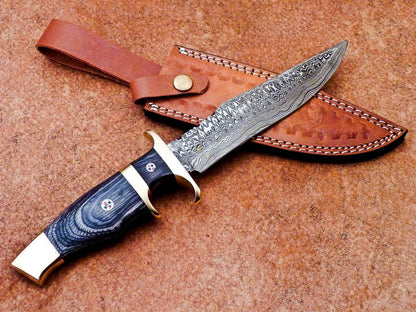 Custom Forged Damascus Steel Handmade Hunting Bowie Knife With Hardwood Handle