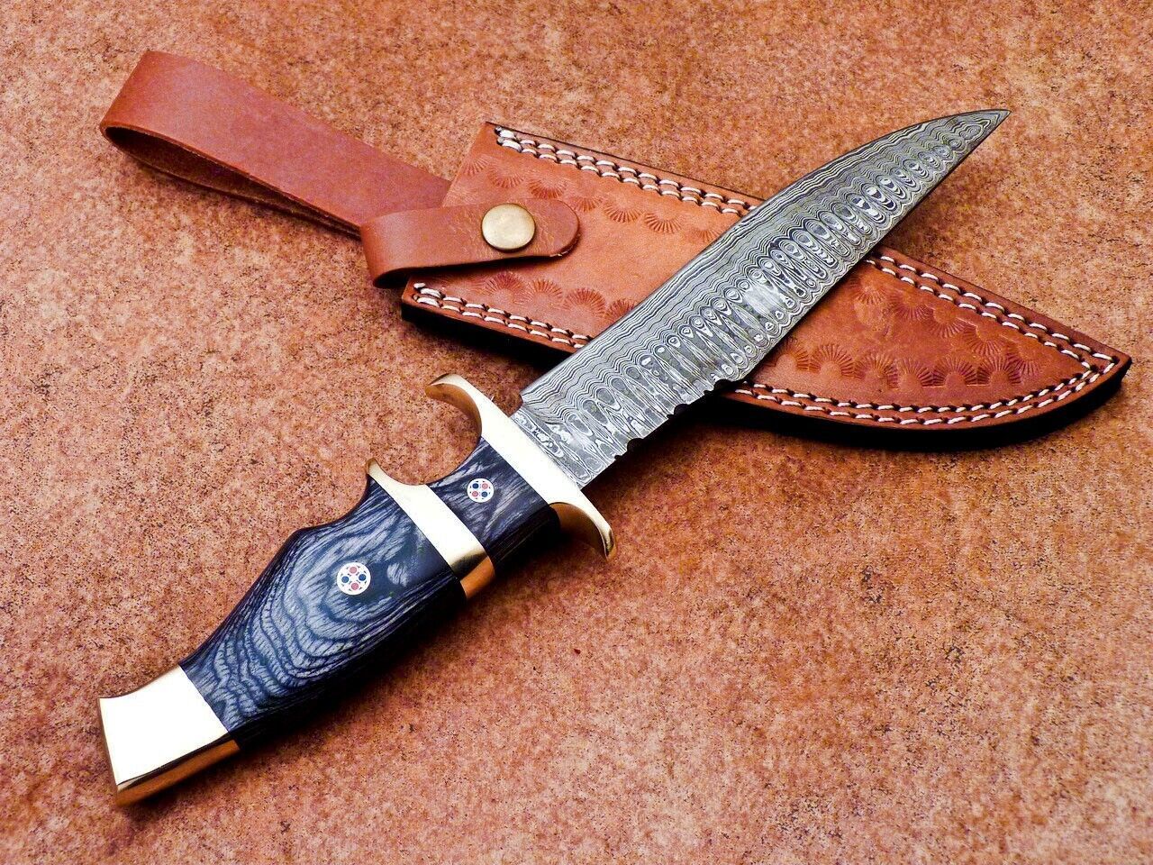 Custom Forged Damascus Steel Handmade Hunting Bowie Knife With Hardwood Handle