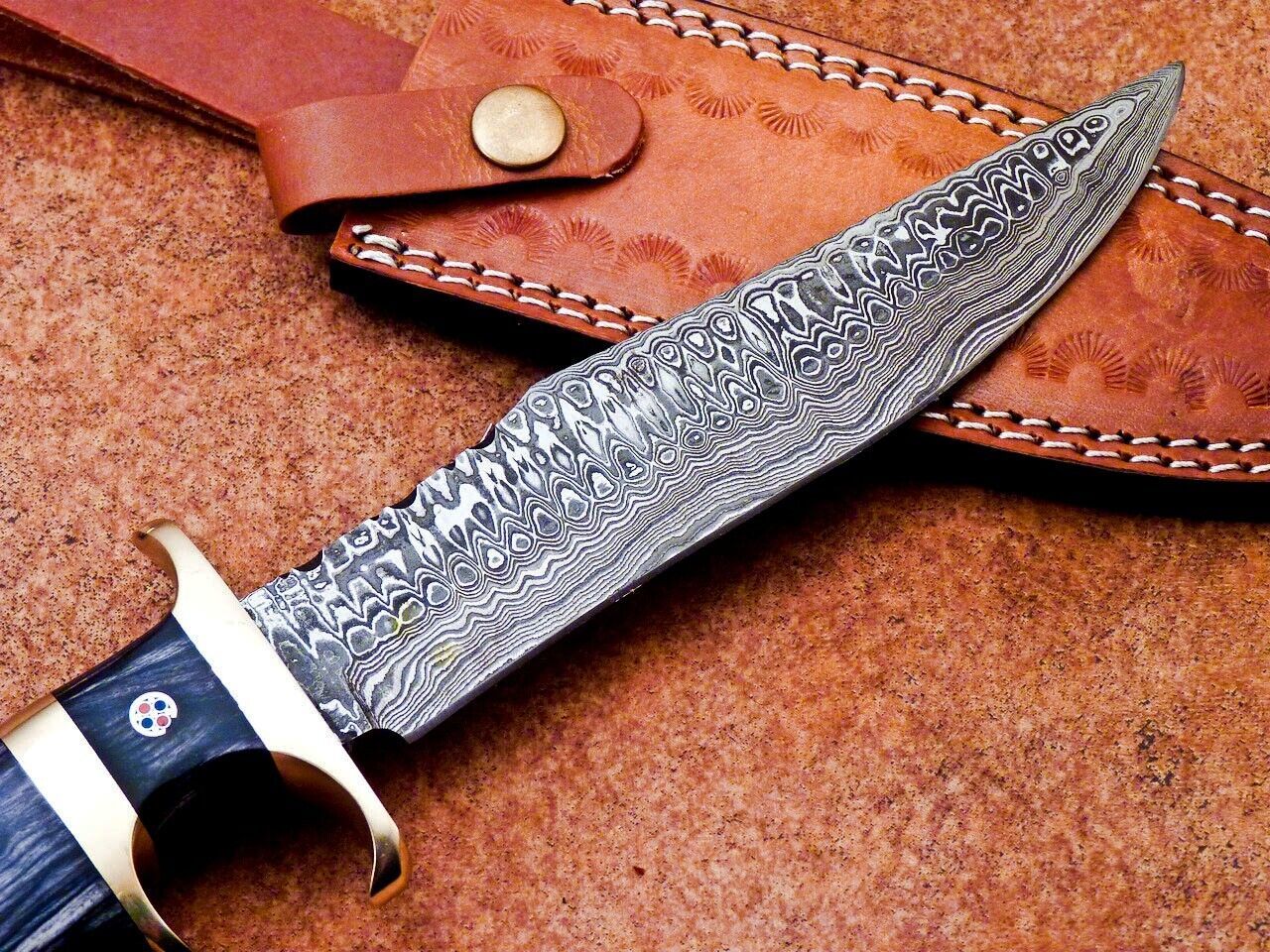 Custom Forged Damascus Steel Handmade Hunting Bowie Knife With Hardwood Handle