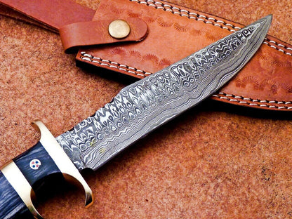 Custom Forged Damascus Steel Handmade Hunting Bowie Knife With Hardwood Handle