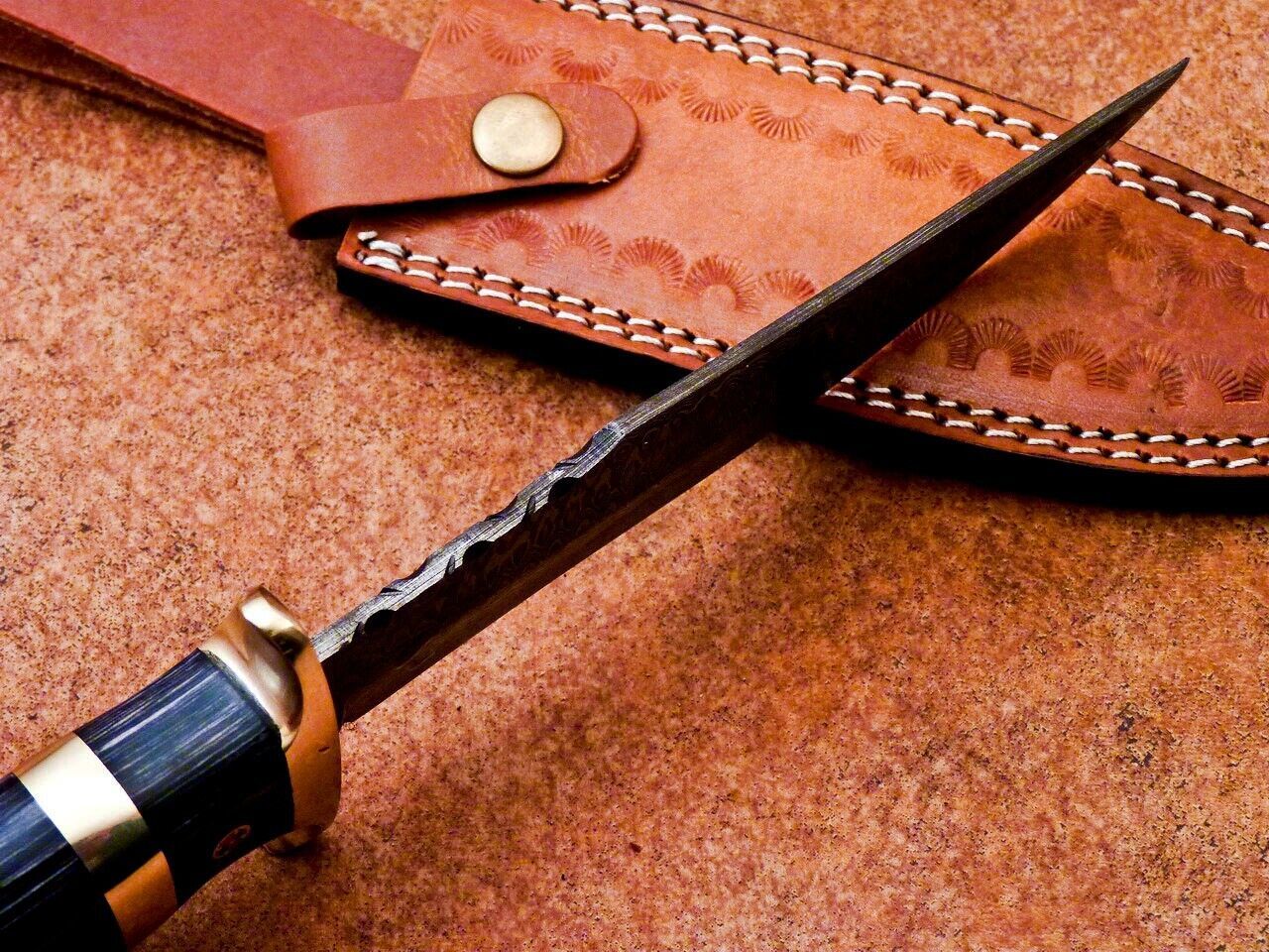 Custom Forged Damascus Steel Handmade Hunting Bowie Knife With Hardwood Handle