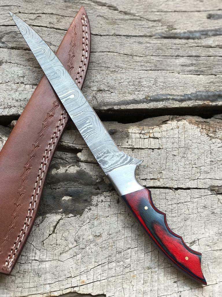 12.5" CUSTOM HANDMADE TWIST DAMASCUS STEEL FILLET KNIFE & Best Fillet Knife W/Sheath