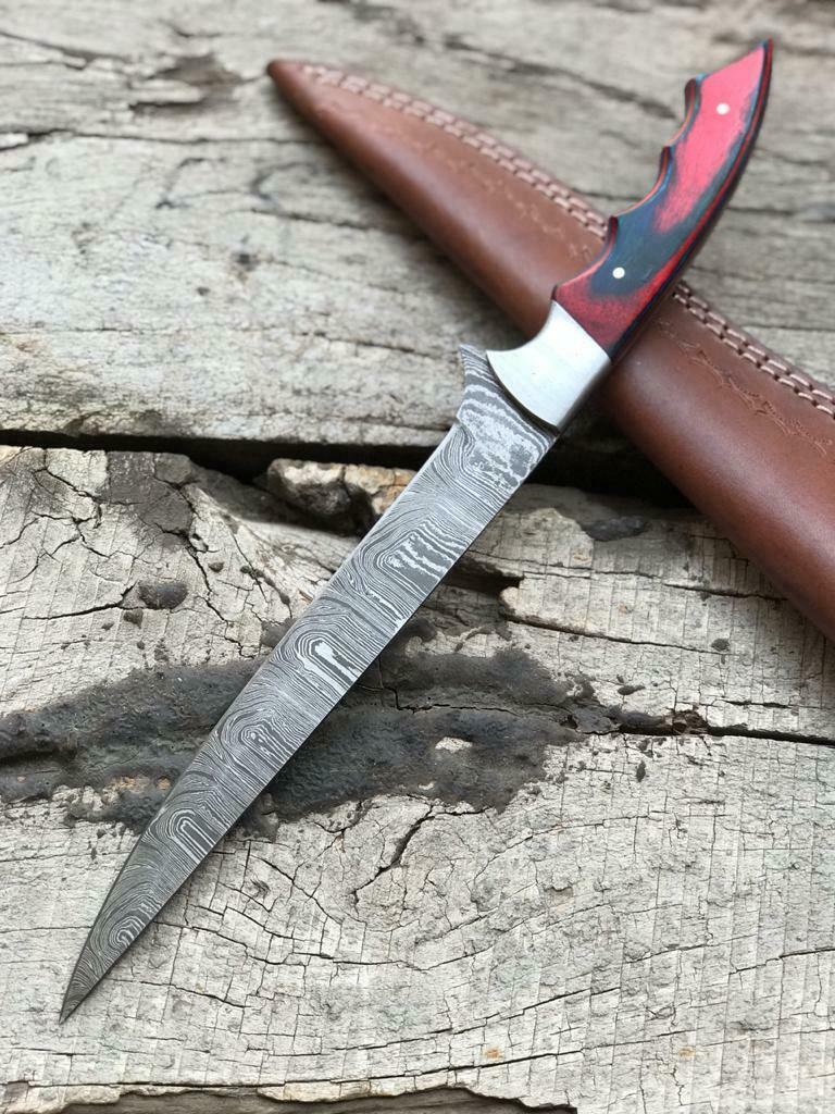 12.5" CUSTOM HANDMADE TWIST DAMASCUS STEEL FILLET KNIFE & Best Fillet Knife W/Sheath