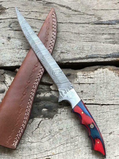 12.5" CUSTOM HANDMADE TWIST DAMASCUS STEEL FILLET KNIFE & Best Fillet Knife W/Sheath