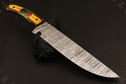 16 Inch Custom Handmade Fire Damascus Bowie Knife with Wood Handle by Heritage Forge