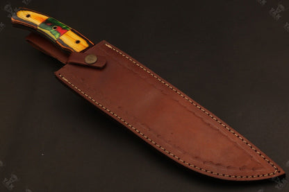 16 Inch Custom Handmade Fire Damascus Bowie Knife with Wood Handle by Heritage Forge