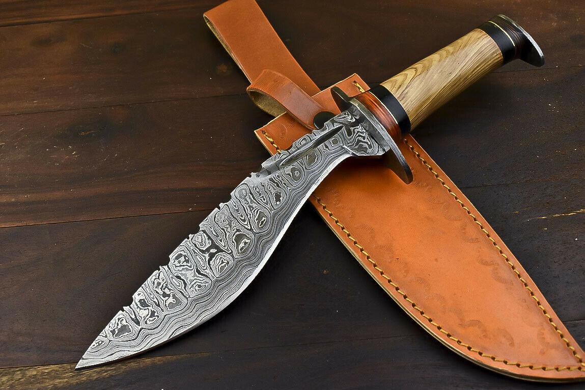 12" Damascus Steel Bowie Knife with Olive Wood Handle Hunting Blade