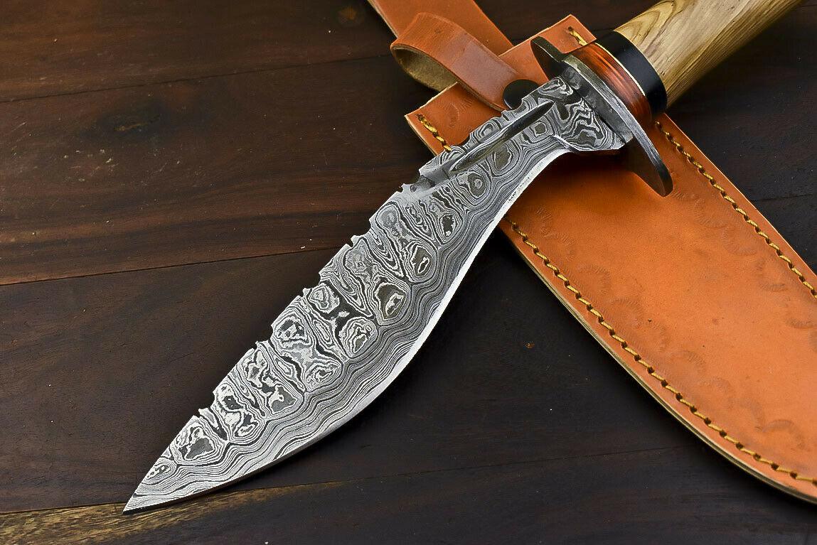 12" Damascus Steel Bowie Knife with Olive Wood Handle Hunting Blade
