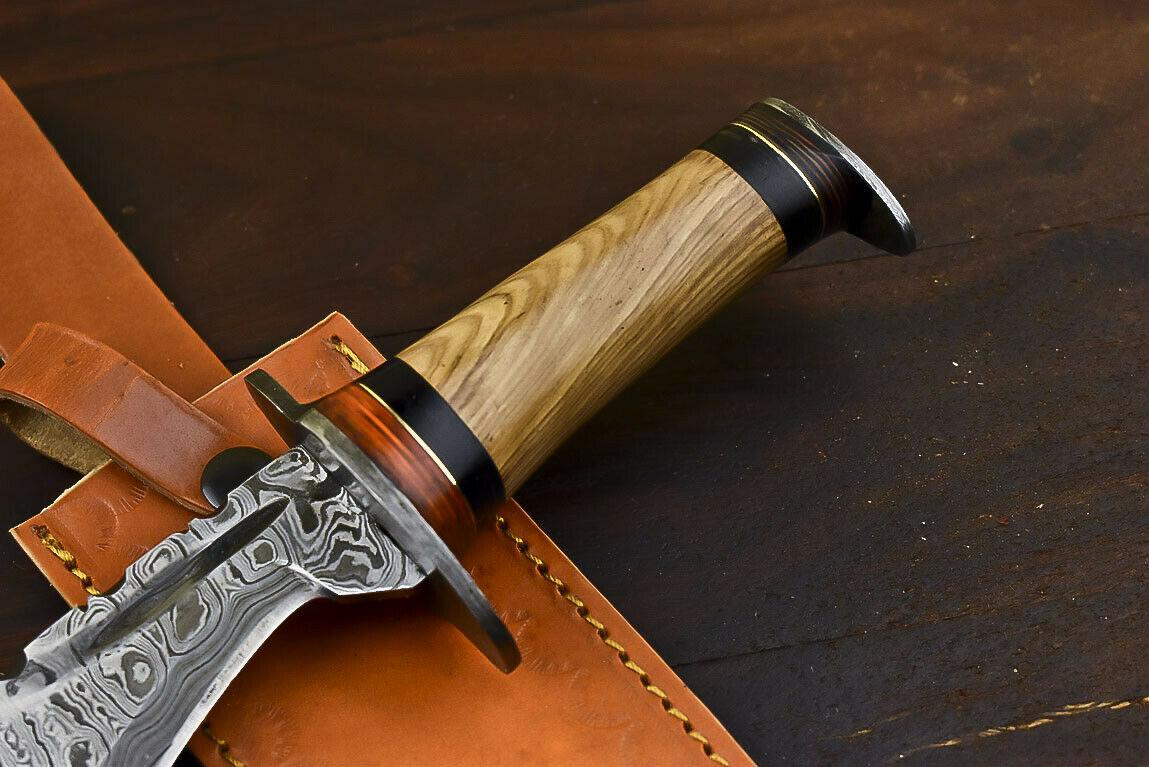 12" Damascus Steel Bowie Knife with Olive Wood Handle Hunting Blade