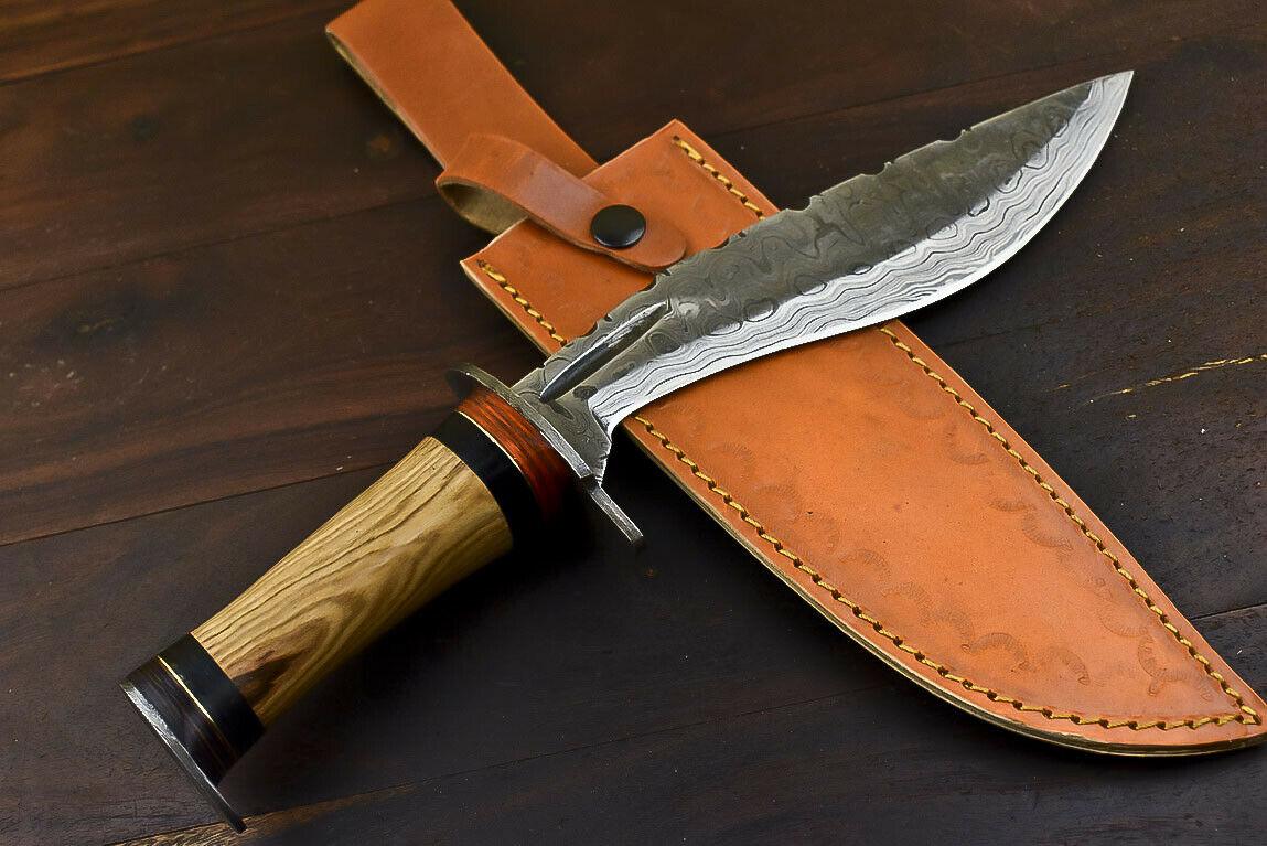 12" Damascus Steel Bowie Knife with Olive Wood Handle Hunting Blade