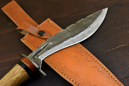 12" Damascus Steel Bowie Knife with Olive Wood Handle Hunting Blade