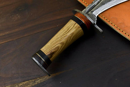 12" Damascus Steel Bowie Knife with Olive Wood Handle Hunting Blade