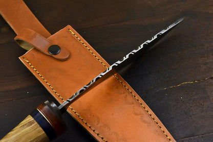 12" Damascus Steel Bowie Knife with Olive Wood Handle Hunting Blade